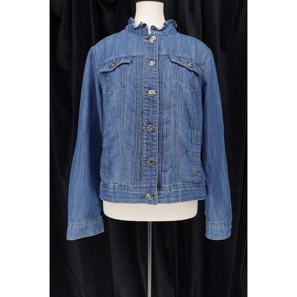 Baccini Women's Long Sleeve Ruffle Collar Rhinestone Trim Blouse Jacket Size L